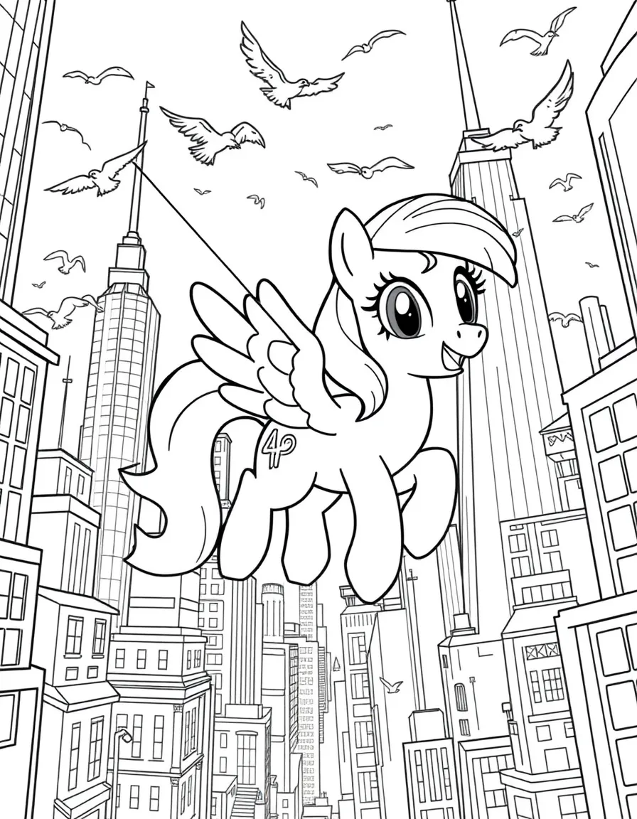 A fun and detailed coloring page of Applejack swinging through a city full of tall buildings and birds.