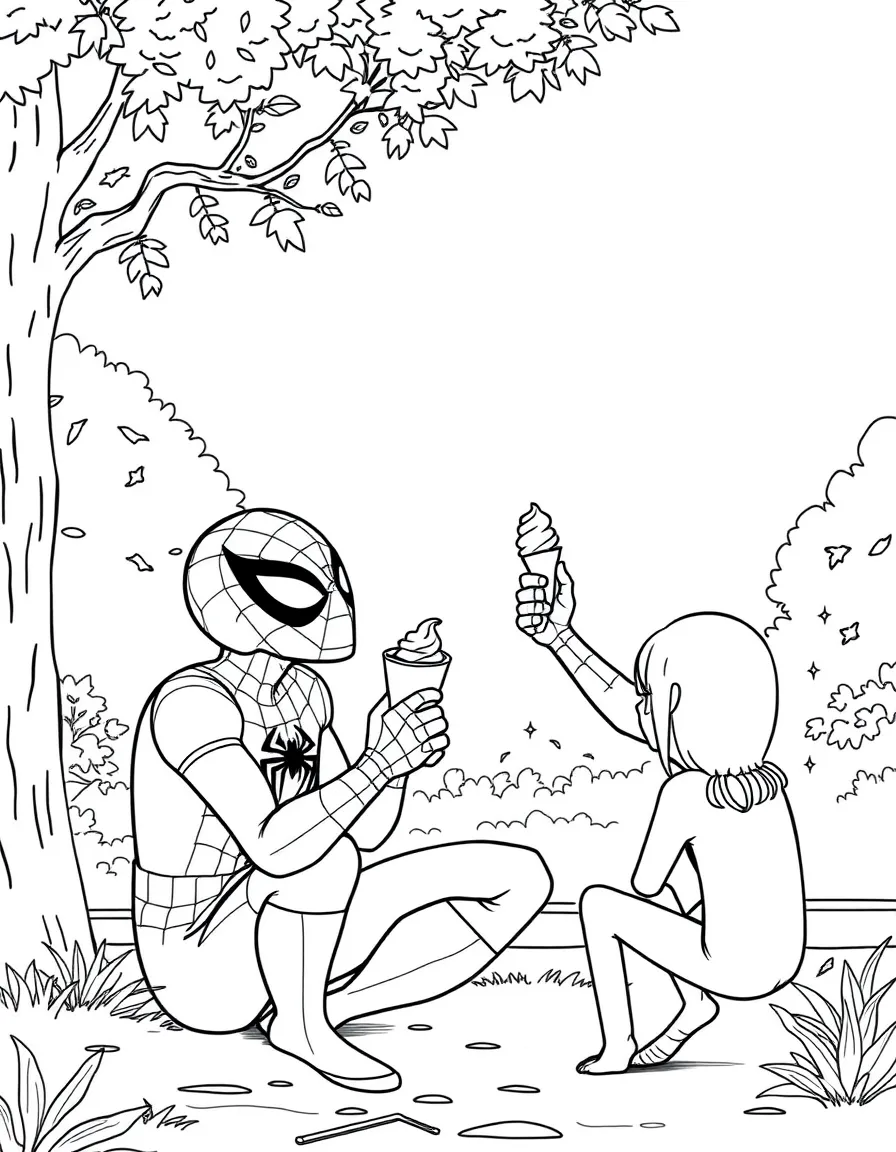 Spiderman enjoying a day off, eating ice cream or playing with friends in a park setting.