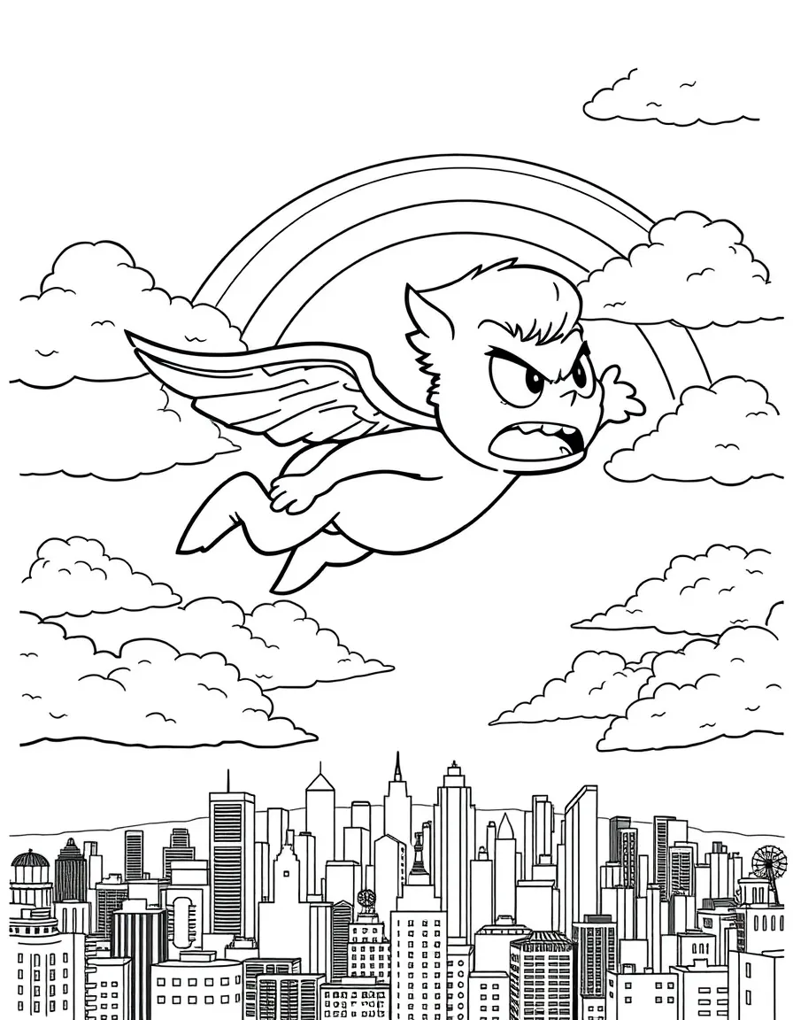 Anger flying through the clouds with a rainbow behind and city skyline below.