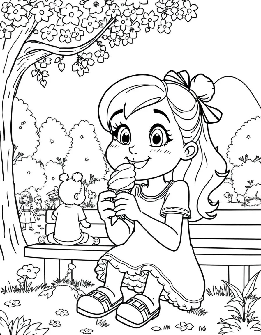 Fiona enjoying a day off, eating ice cream or playing with friends in a park setting.