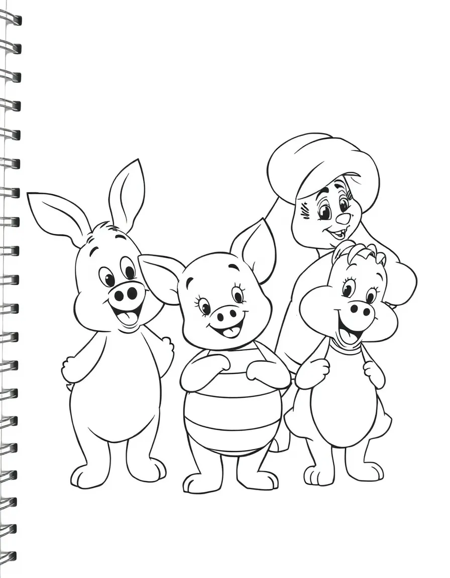A group coloring page featuring Piglet with other characters from the same show or movie.