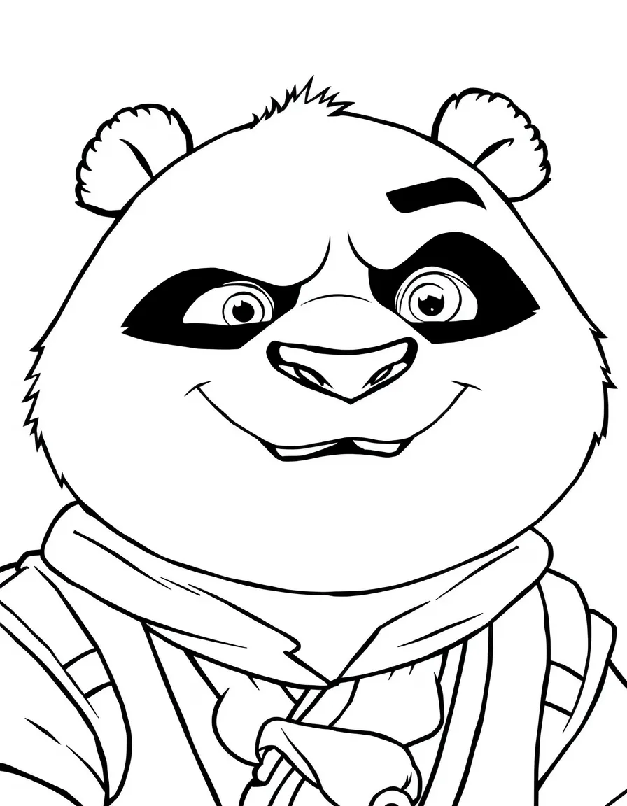A close-up of Kung Fu Panda's face in bold lines with expressive eyes and detailed costume elements.