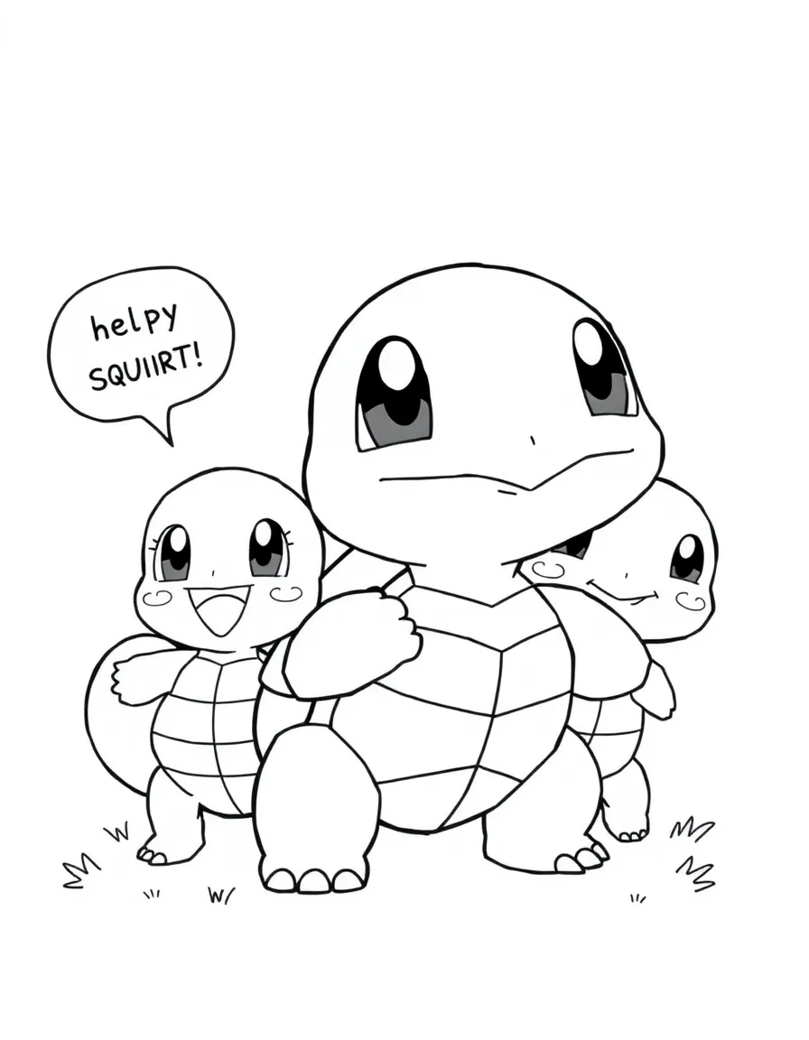 A cartoon-style drawing of Squirtle helping friends, with speech bubbles and cheerful faces.