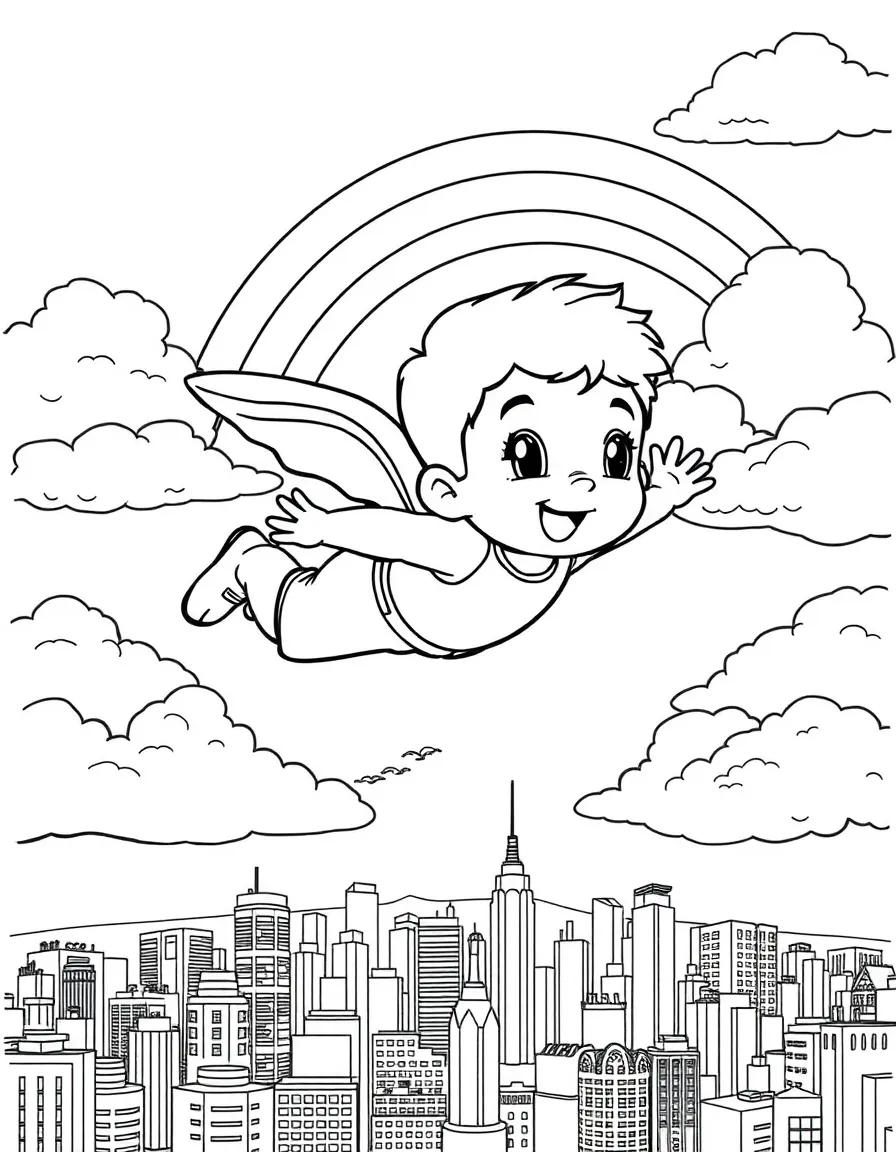 Bruno flying through the clouds with a rainbow behind and city skyline below.