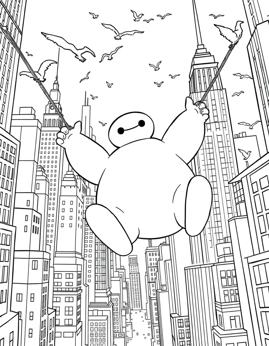 A fun and detailed coloring page of Baymax swinging through a city full of tall buildings and birds.
