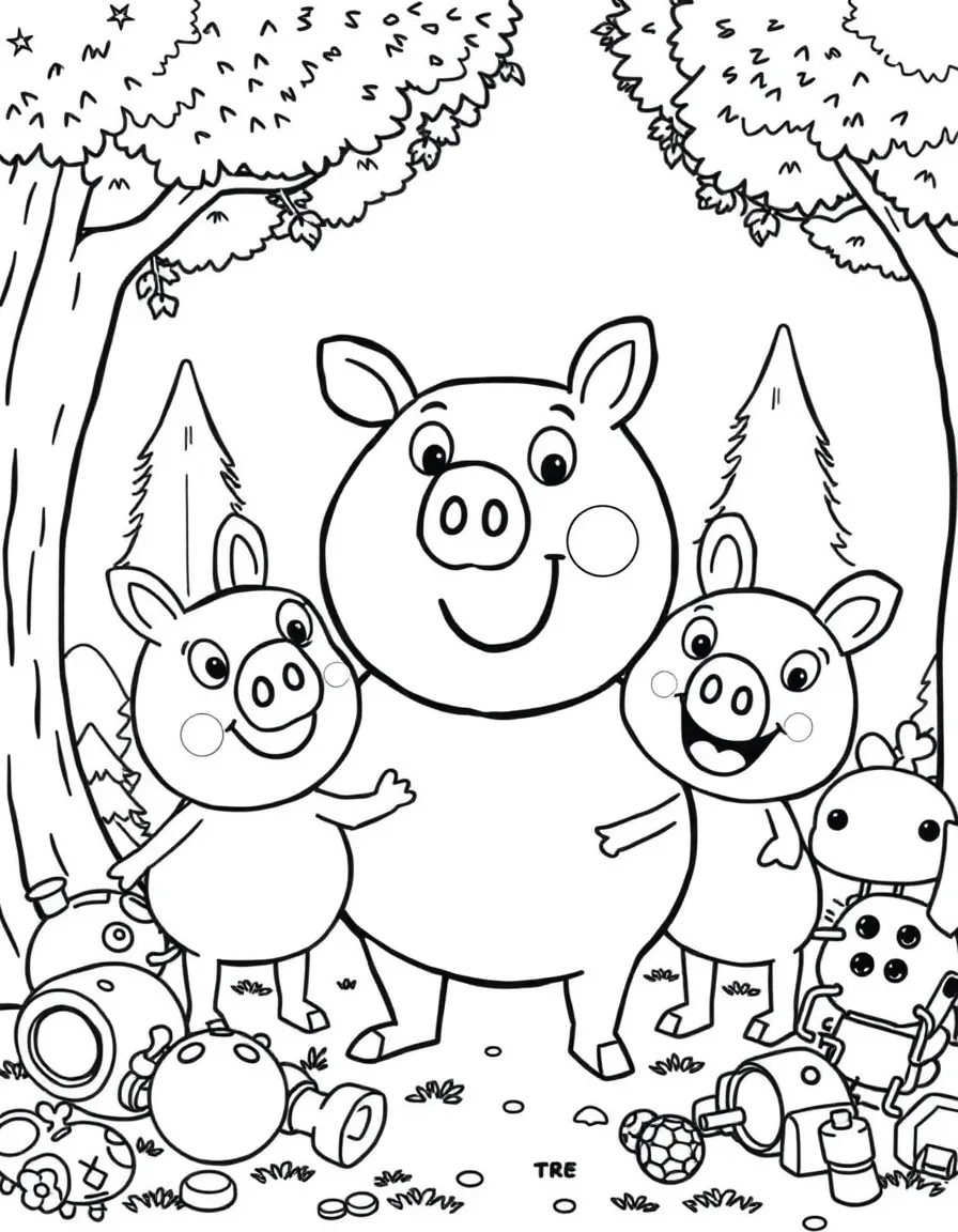 George Pig smiling and posing with their sidekicks, surrounded by trees, toys, or fun backgrounds.