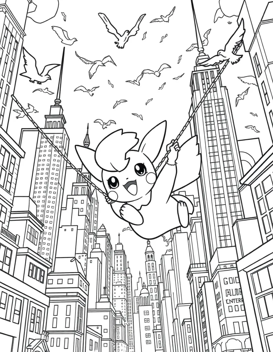 A fun and detailed coloring page of Jigglypuff swinging through a city full of tall buildings and birds.