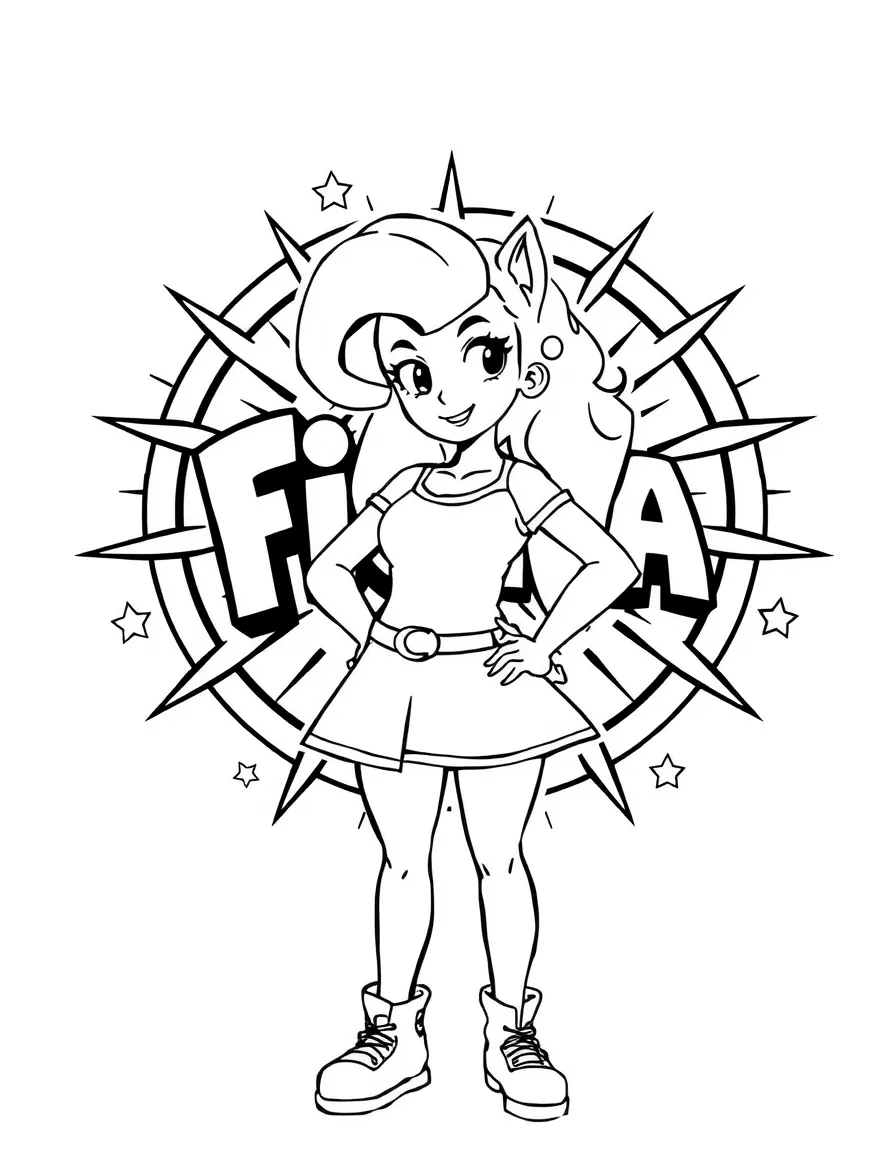Fiona standing proudly in front of their iconic logo with stars and comic-style effects around.