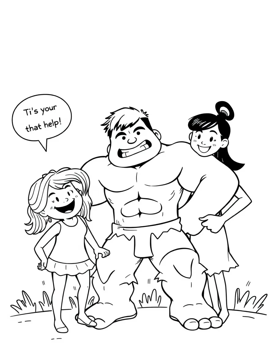 A cartoon-style drawing of Hulk helping friends, with speech bubbles and cheerful faces.