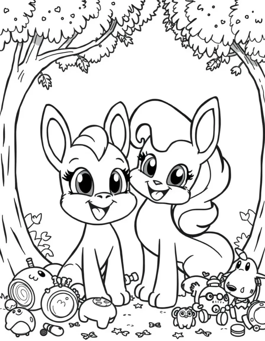 Mirabel smiling and posing with their sidekicks, surrounded by trees, toys, or fun backgrounds.