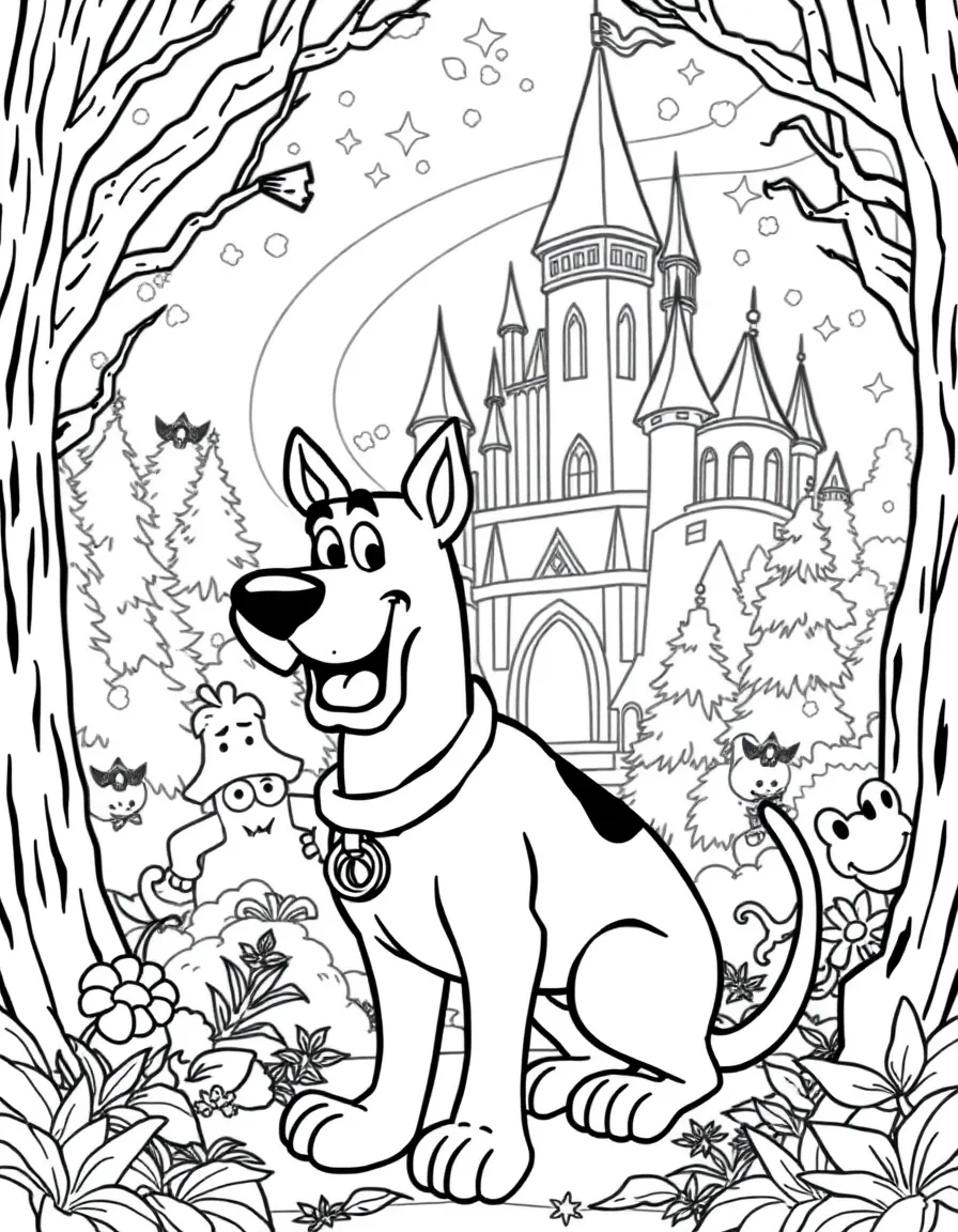 A fantasy background of Scooby-Doo in a magical forest or castle, with sparkles and mystical creatures.