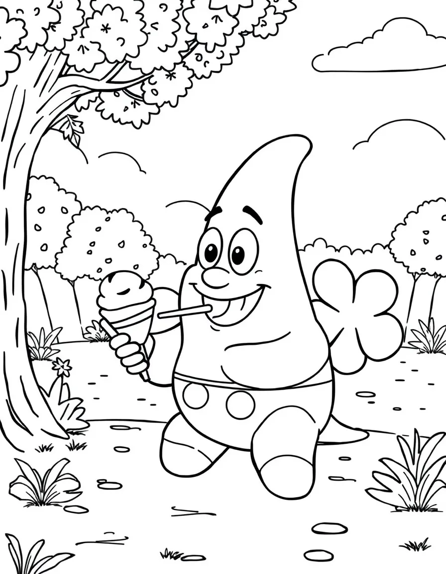 Patrick Star enjoying a day off, eating ice cream or playing with friends in a park setting.