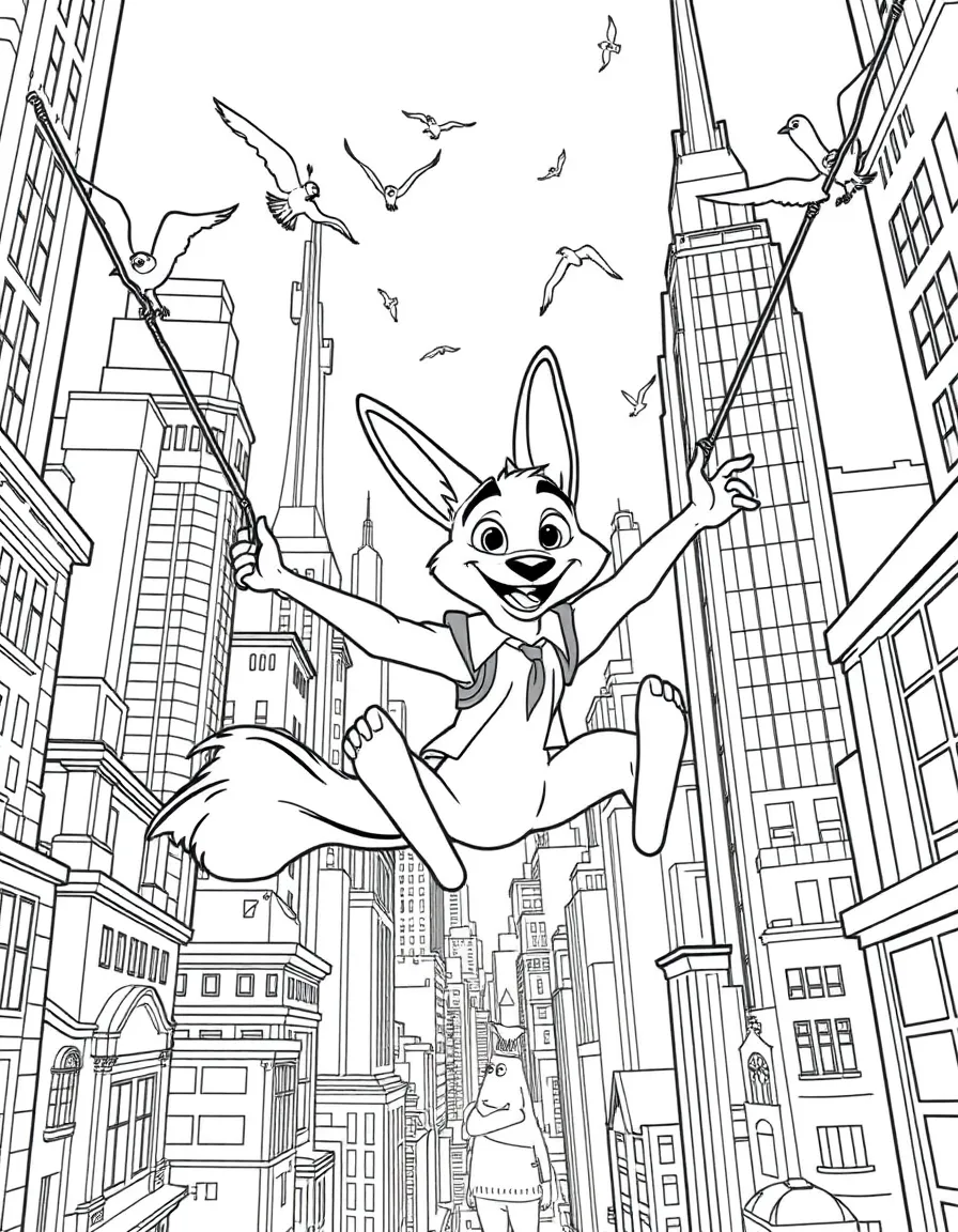 A fun and detailed coloring page of Zootopia swinging through a city full of tall buildings and birds.