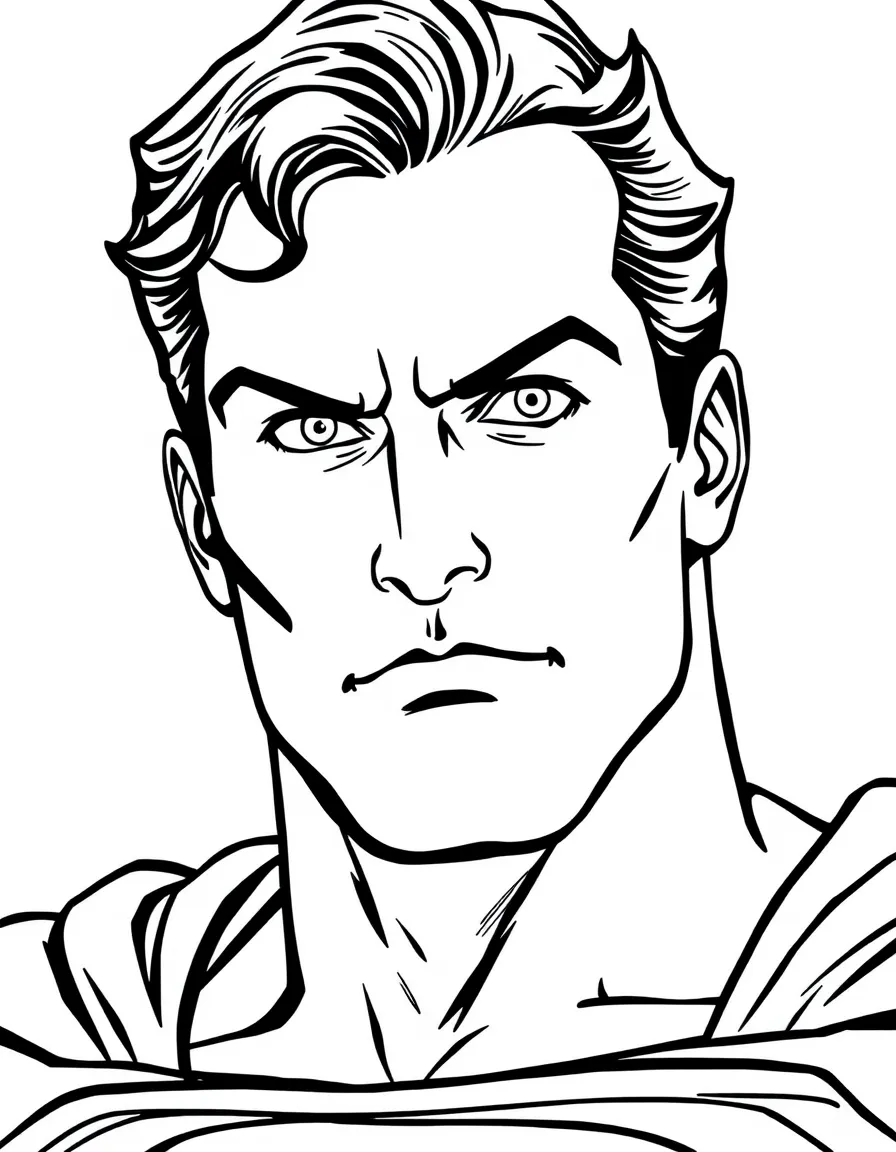 A close-up of Superman's face in bold lines with expressive eyes and detailed costume elements.