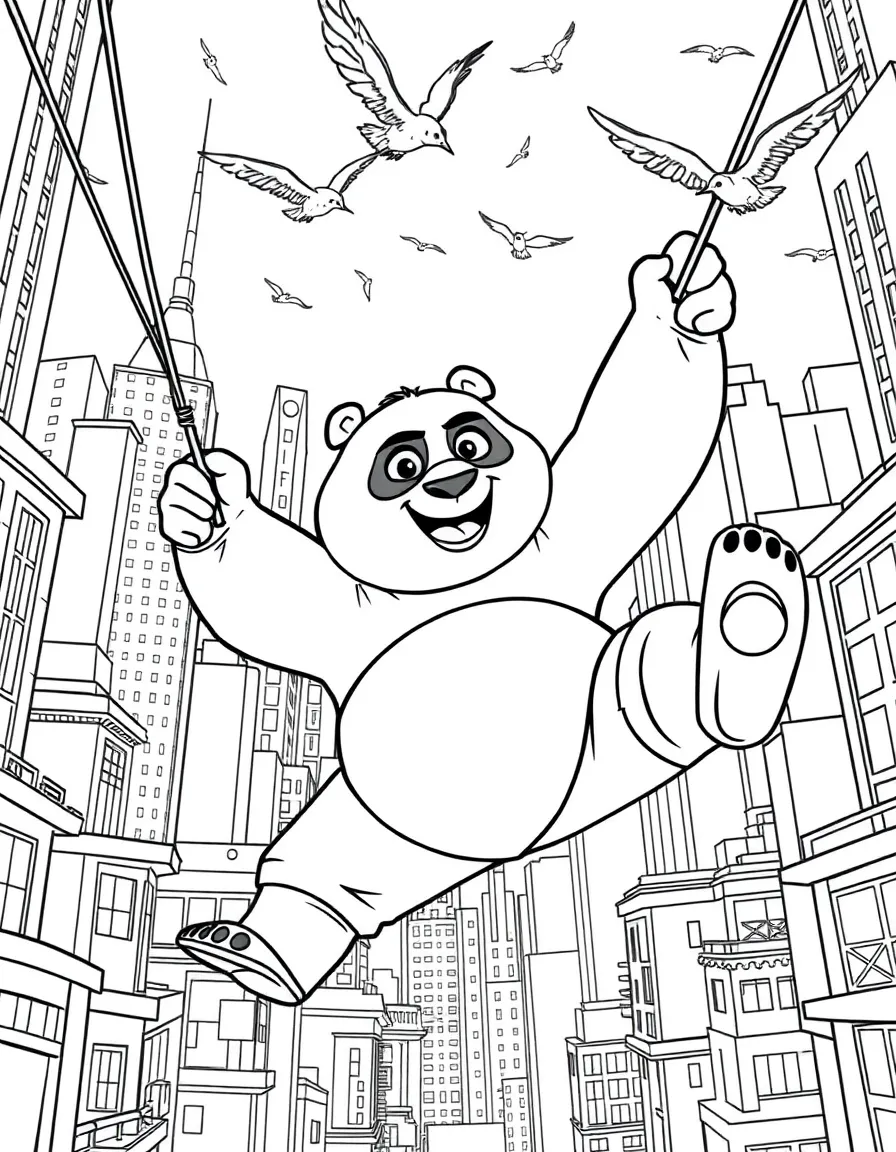 A fun and detailed coloring page of Kung Fu Panda swinging through a city full of tall buildings and birds.
