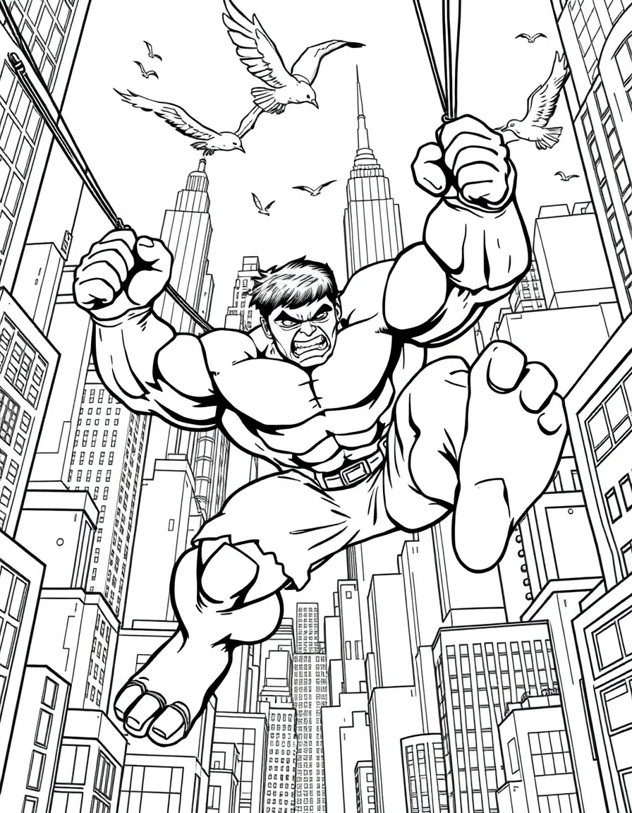A fun and detailed coloring page of Hulk swinging through a city full of tall buildings and birds.