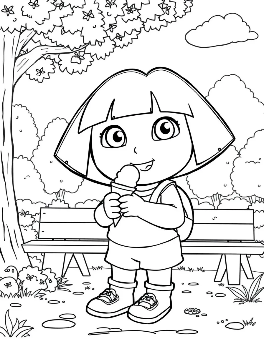 Dora the Explorer enjoying a day off, eating ice cream or playing with friends in a park setting.