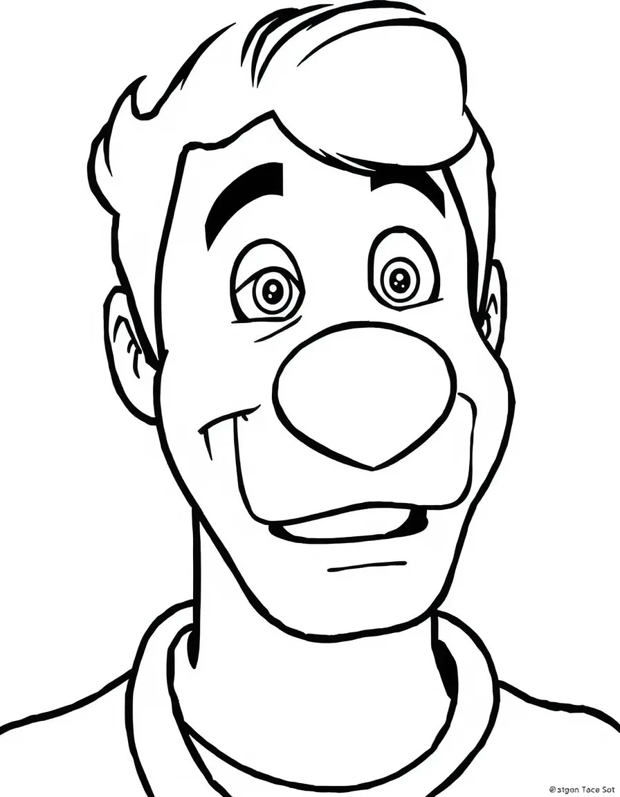 A close-up of Shaggy's face in bold lines with expressive eyes and detailed costume elements.