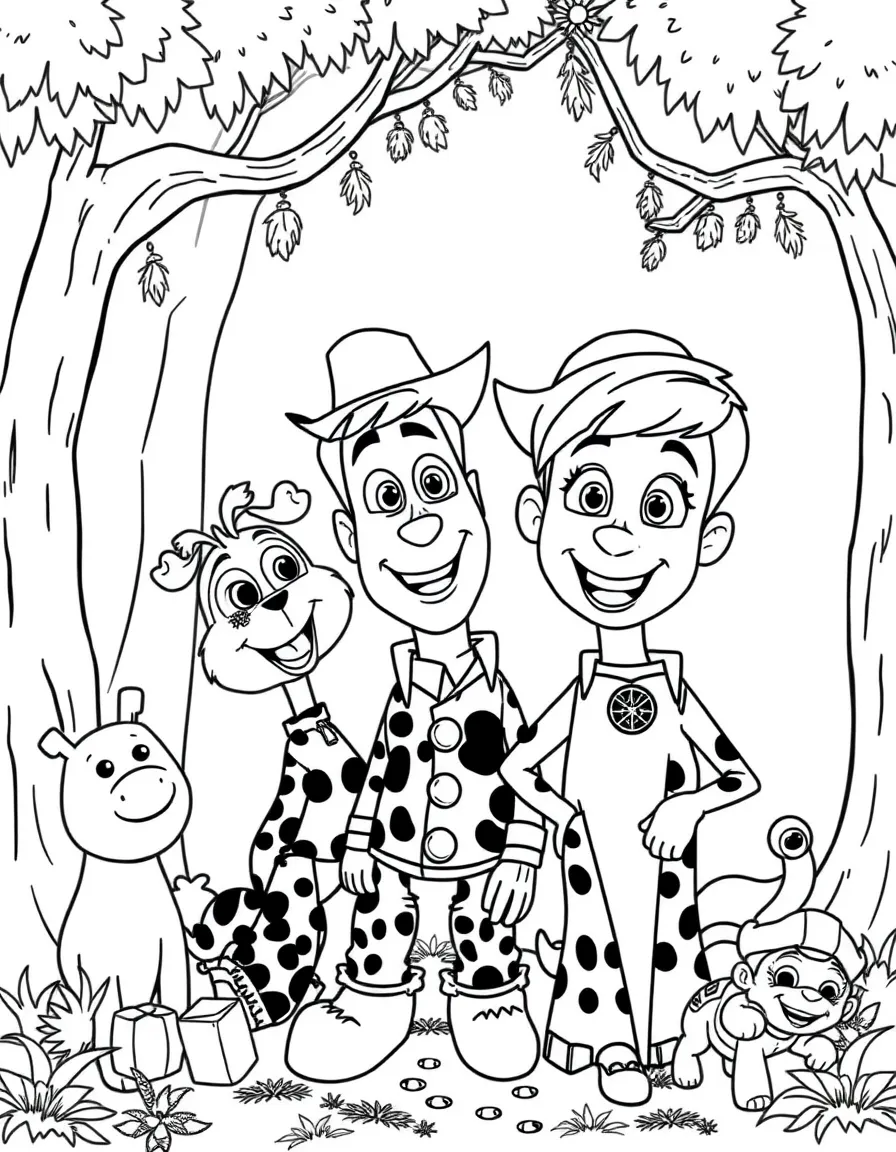 Woody smiling and posing with their sidekicks, surrounded by trees, toys, or fun backgrounds.