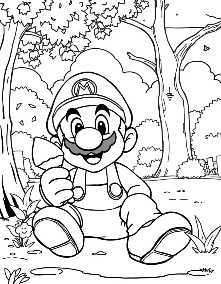 Mario enjoying a day off, eating ice cream or playing with friends in a park setting.