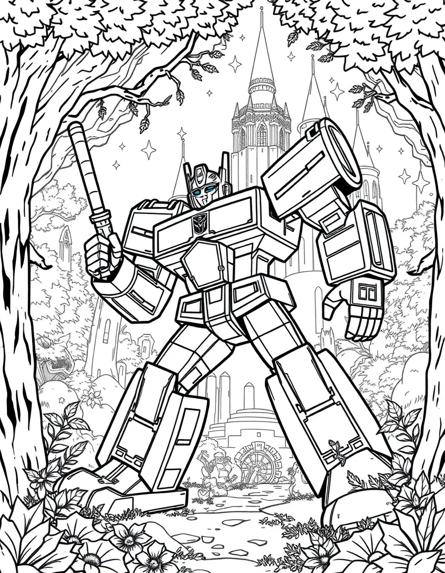 A fantasy background of Transformers in a magical forest or castle, with sparkles and mystical creatures.