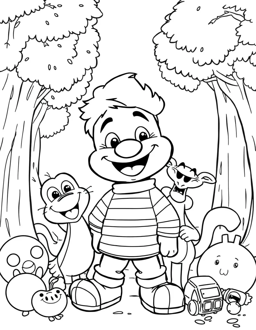 Bruno smiling and posing with their sidekicks, surrounded by trees, toys, or fun backgrounds.