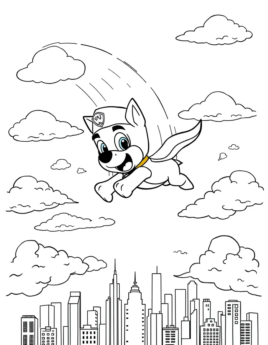 Chase flying through the clouds with a rainbow behind and city skyline below.