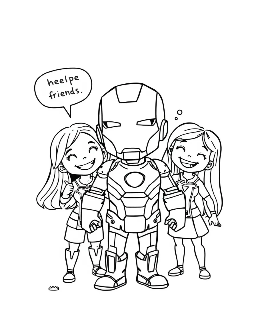 A cartoon-style drawing of Iron Man helping friends, with speech bubbles and cheerful faces.
