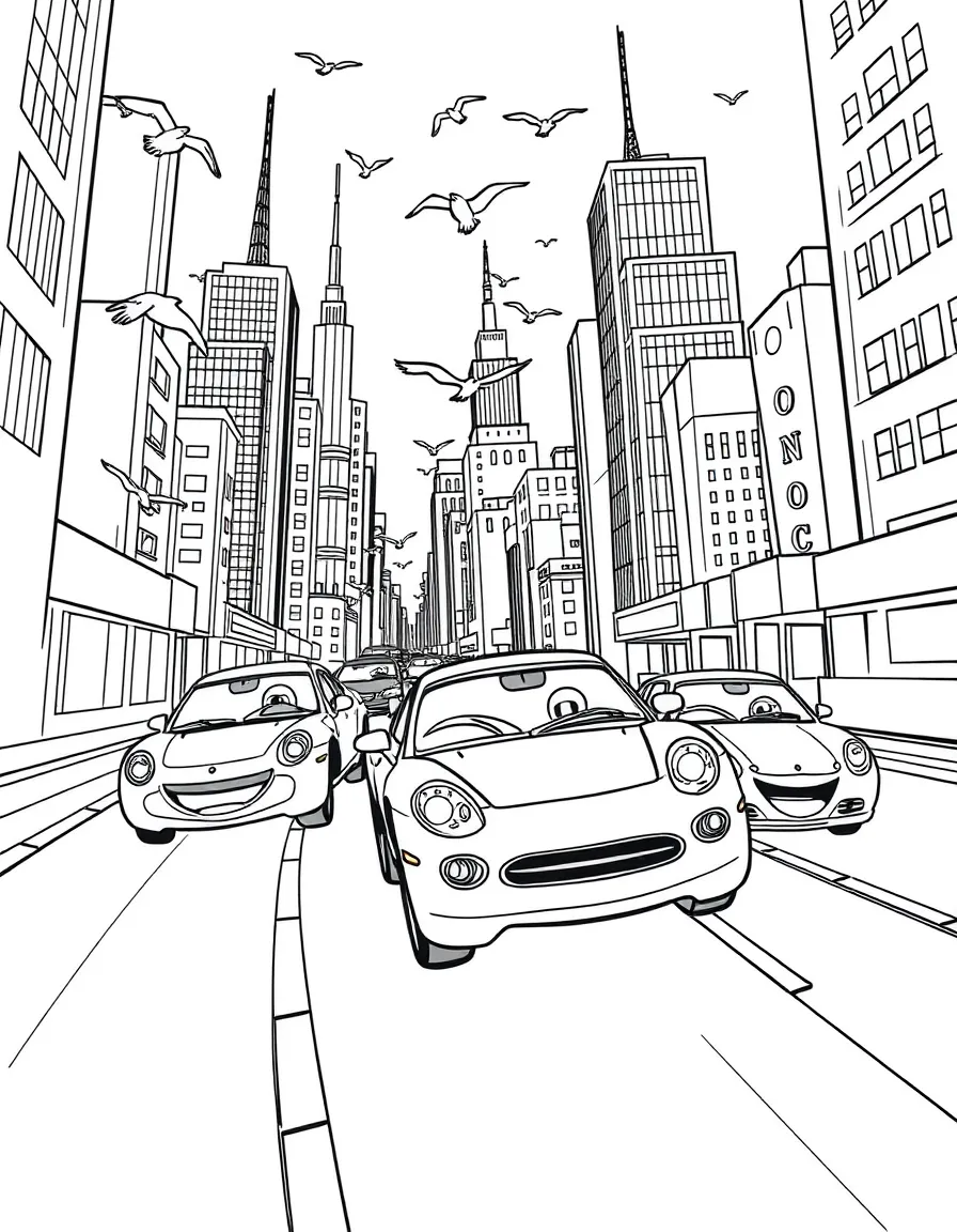 A fun and detailed coloring page of Cars swinging through a city full of tall buildings and birds.