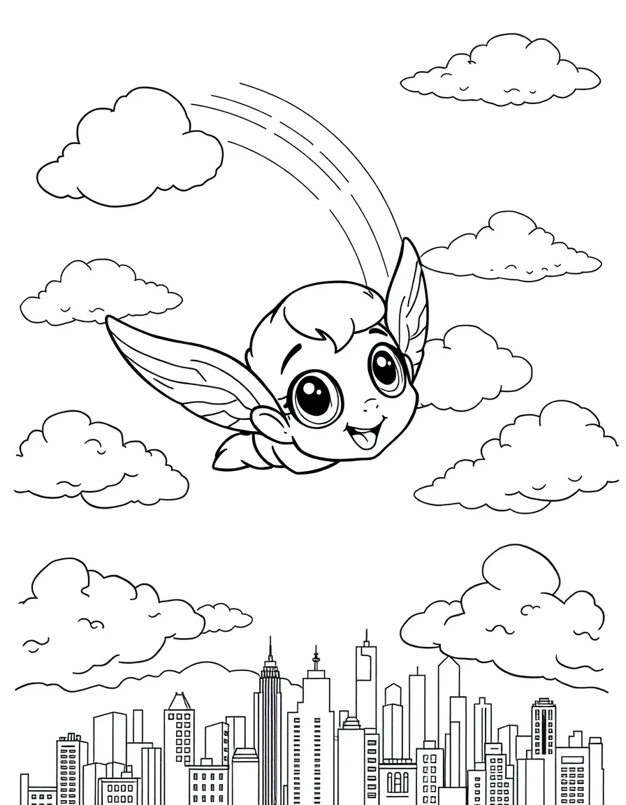 Hiccup flying through the clouds with a rainbow behind and city skyline below.