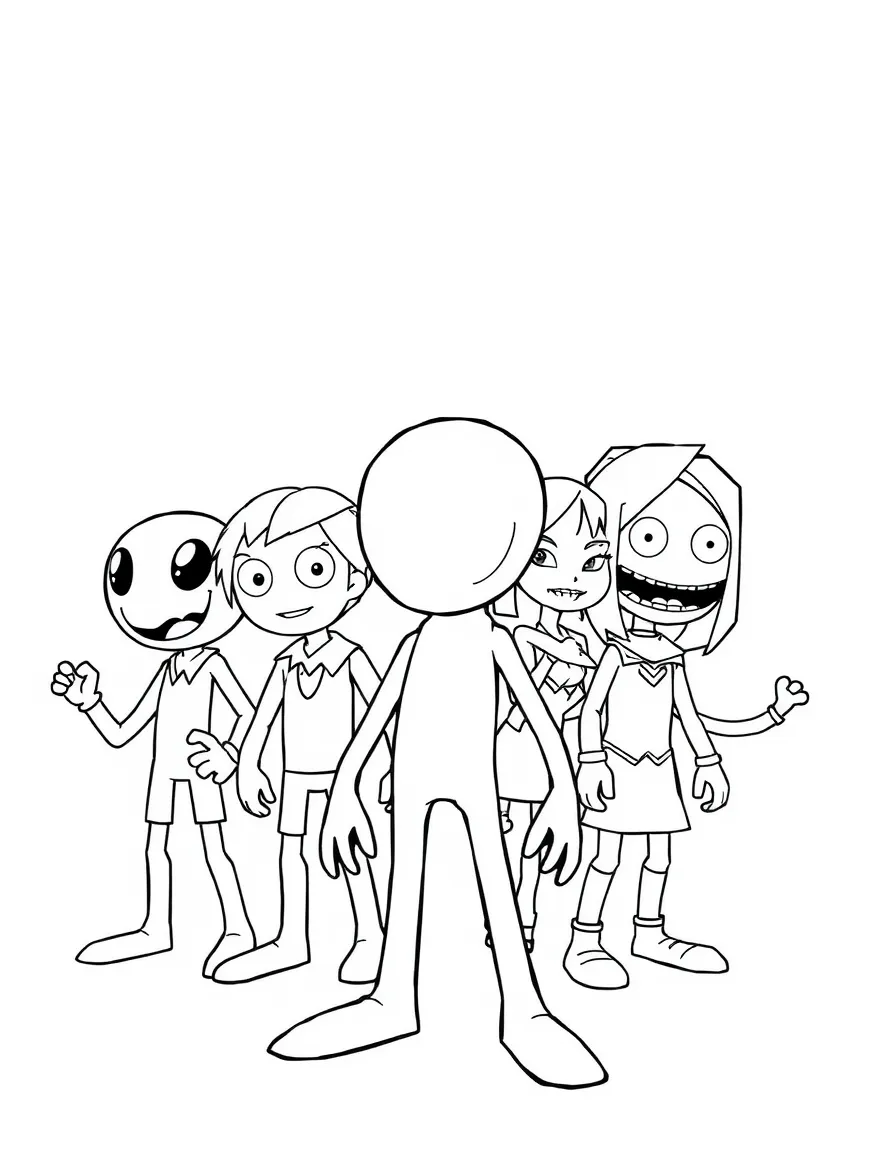 A group coloring page featuring Enderman with other characters from the same show or movie.