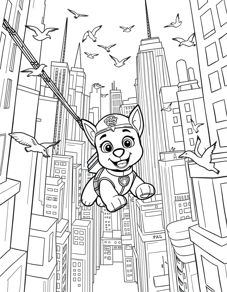 A fun and detailed coloring page of Paw Patrol swinging through a city full of tall buildings and birds.