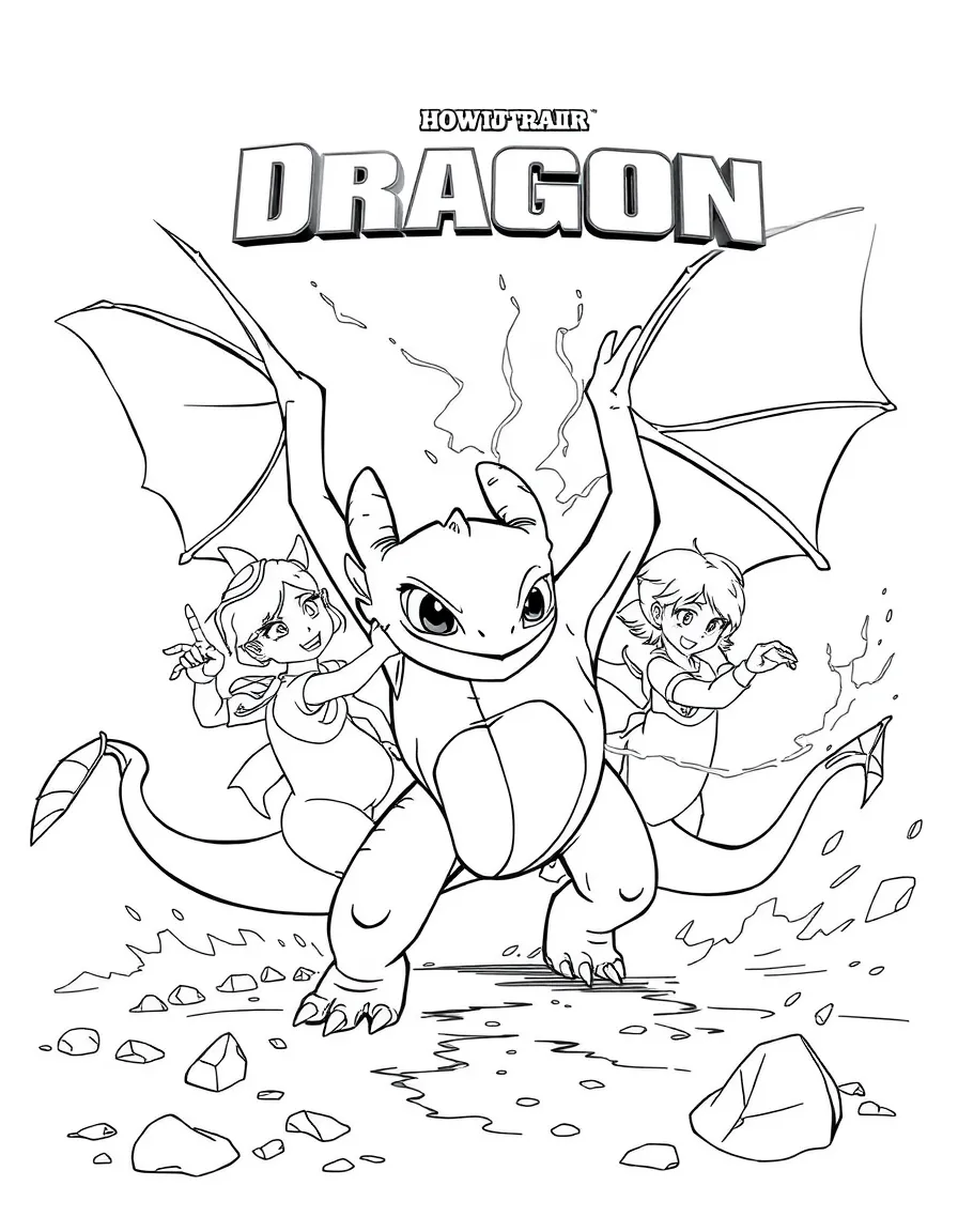An action-packed scene of How to Train Your Dragon using their special powers in a dramatic battle pose.
