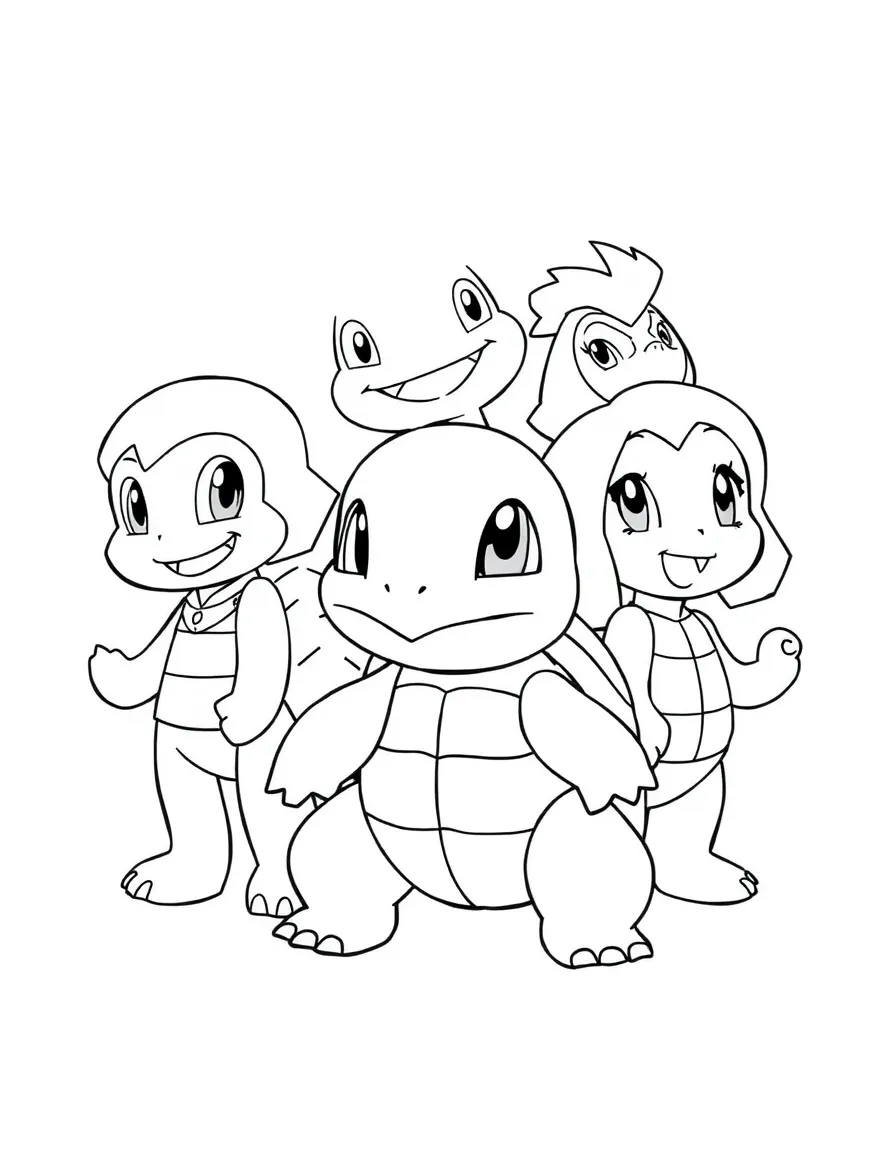 A group coloring page featuring Squirtle with other characters from the same show or movie.
