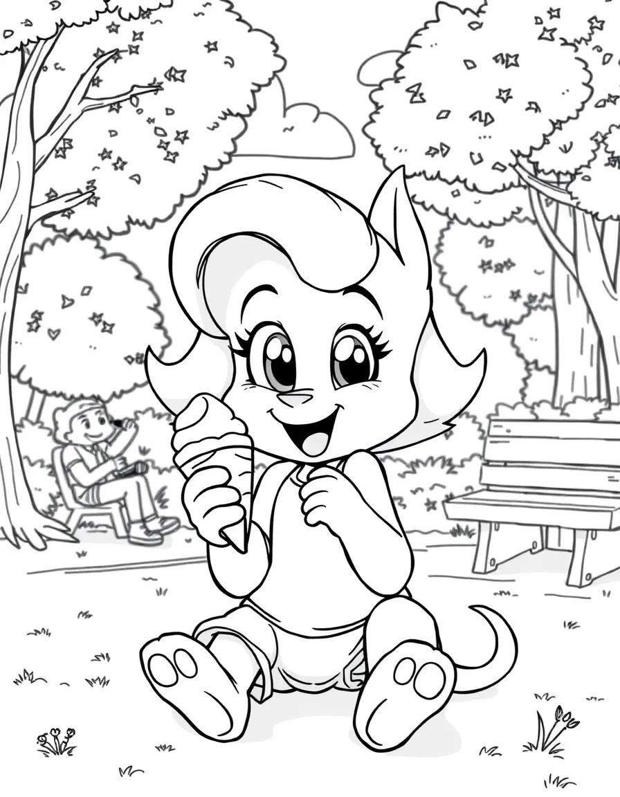 Skye enjoying a day off, eating ice cream or playing with friends in a park setting.