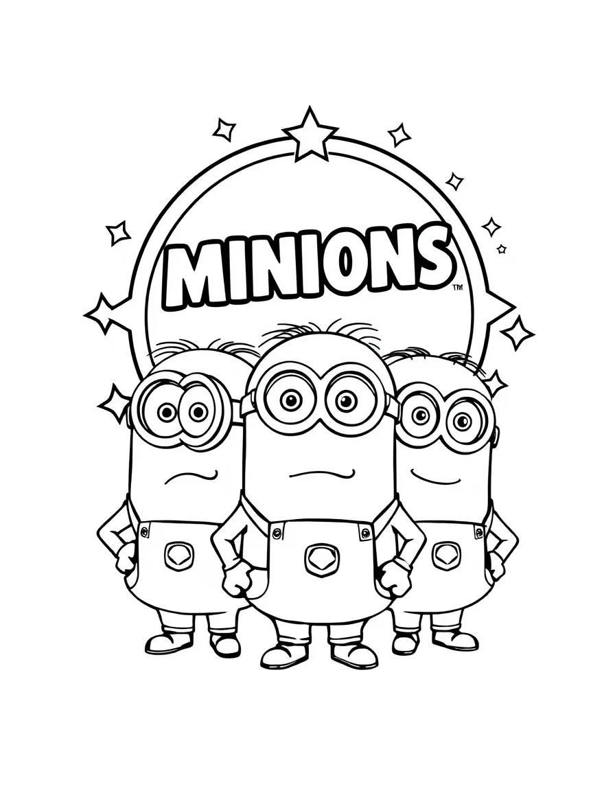 Minions standing proudly in front of their iconic logo with stars and comic-style effects around.