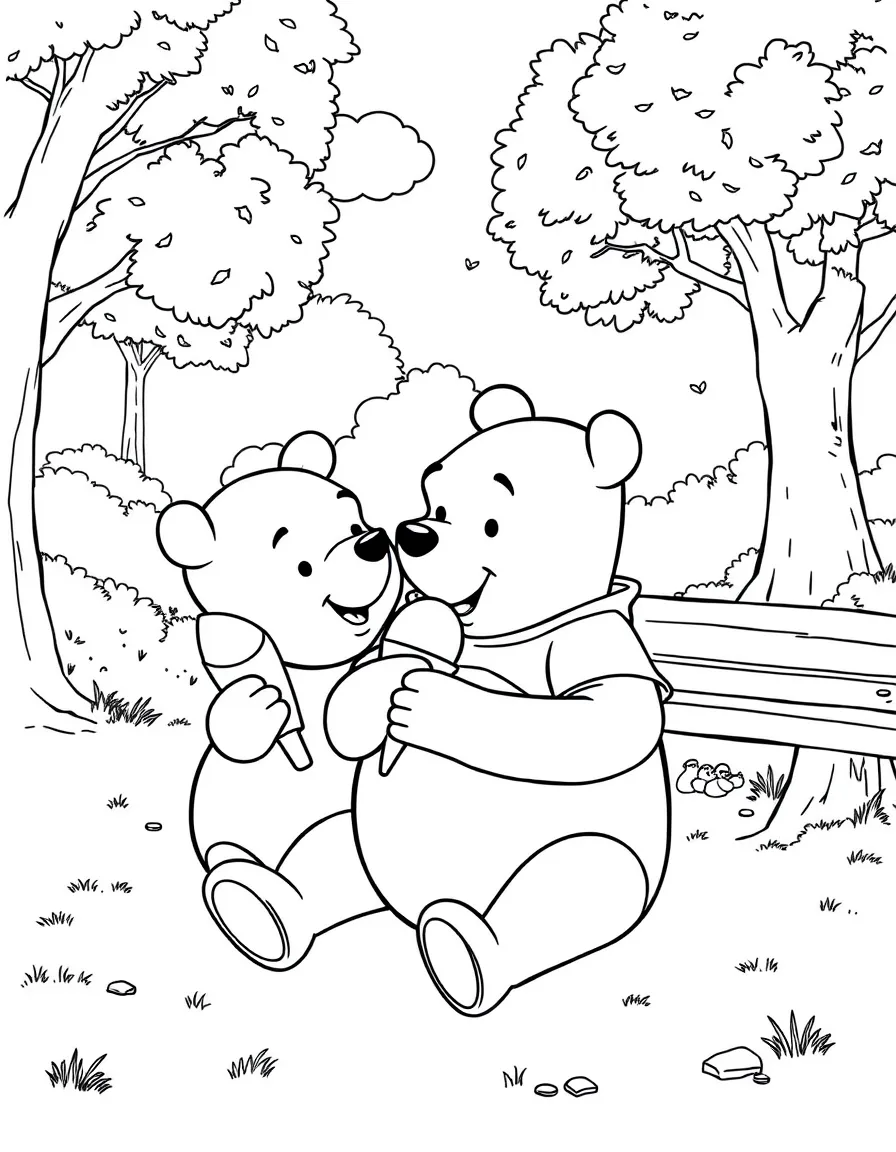 Winnie the Pooh enjoying a day off, eating ice cream or playing with friends in a park setting.