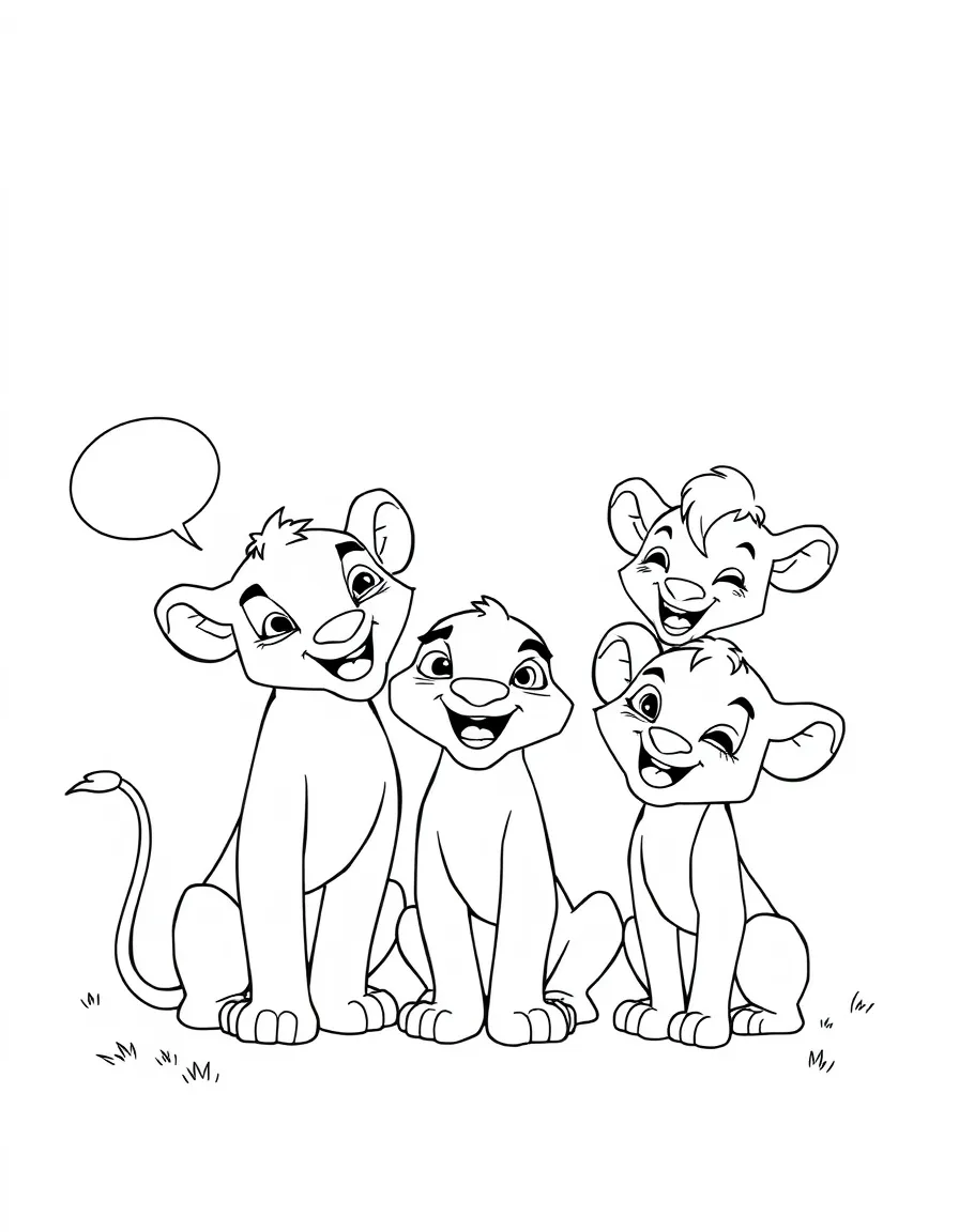 A cartoon-style drawing of Nala helping friends, with speech bubbles and cheerful faces.