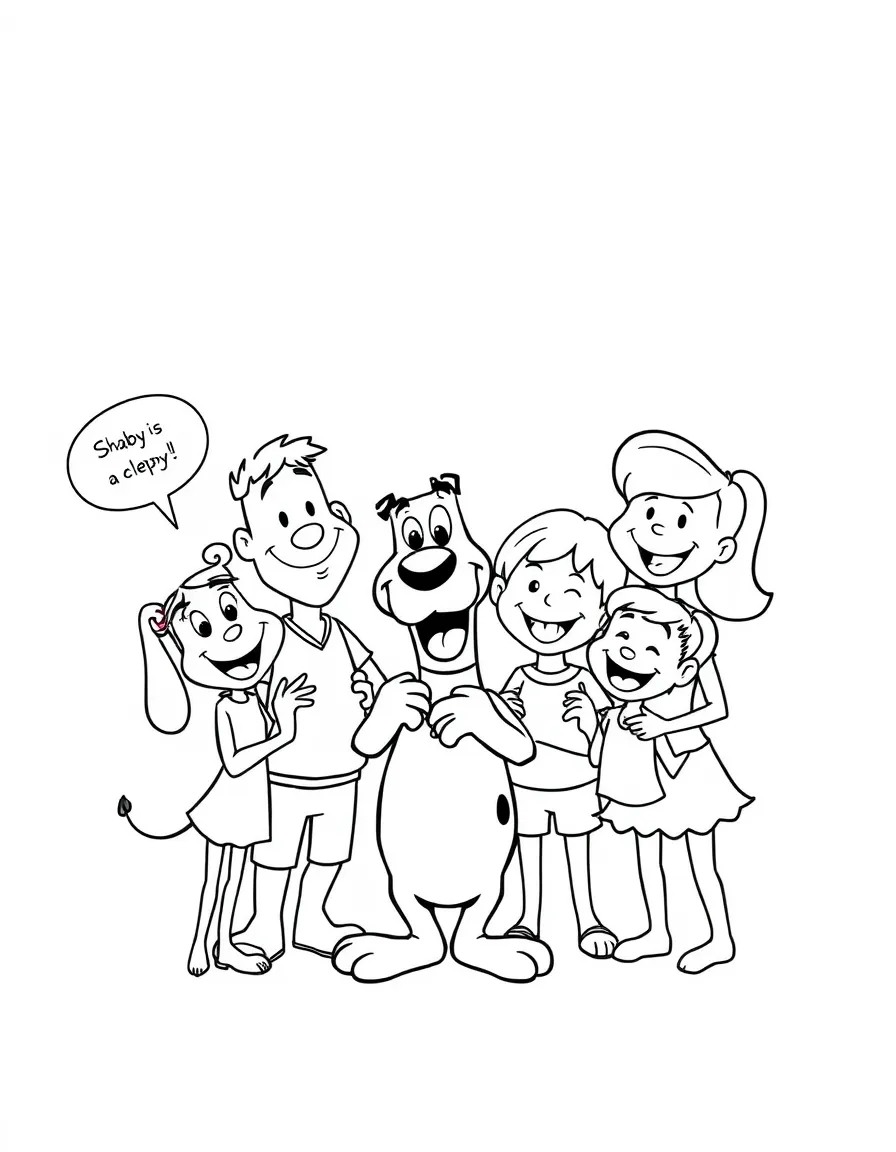 A cartoon-style drawing of Shaggy helping friends, with speech bubbles and cheerful faces.