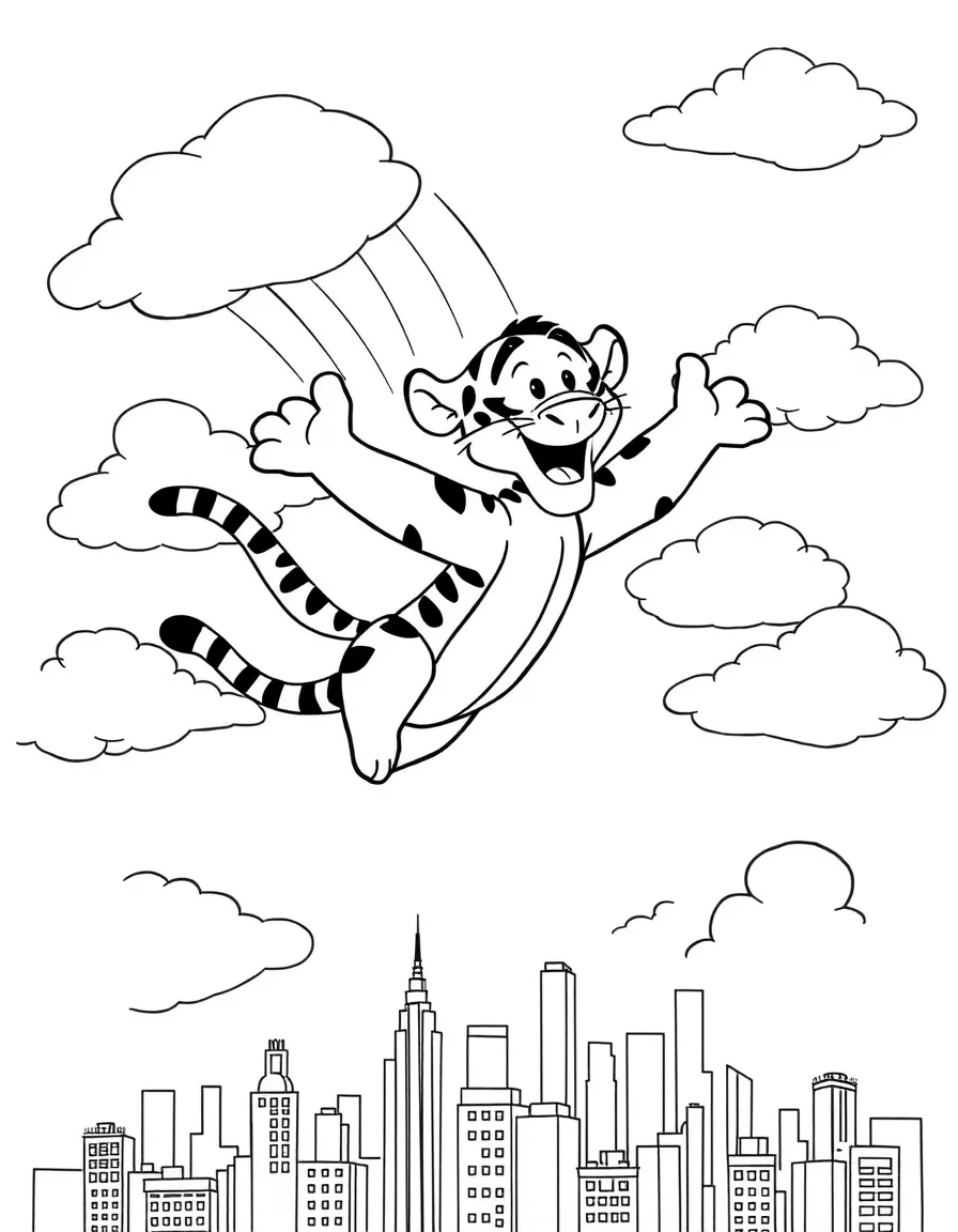 Tigger flying through the clouds with a rainbow behind and city skyline below.