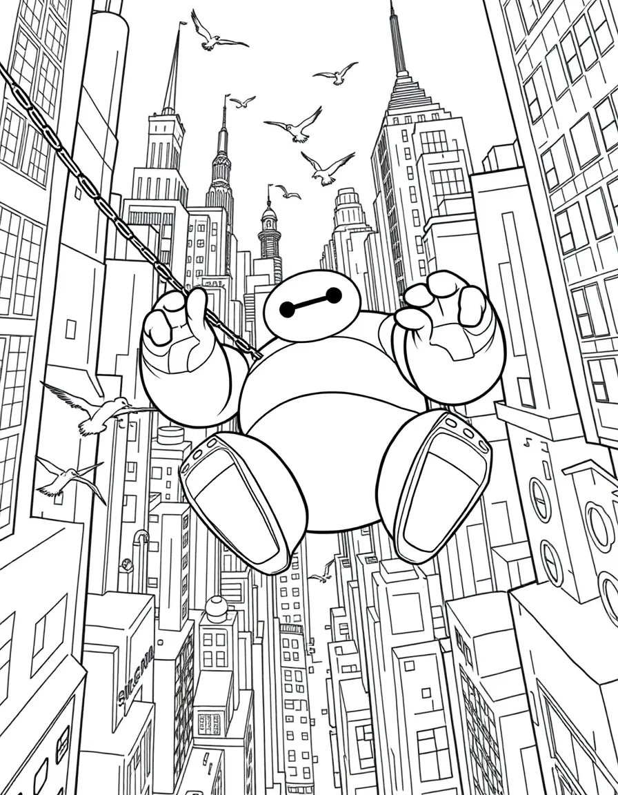 A fun and detailed coloring page of Big Hero 6 swinging through a city full of tall buildings and birds.