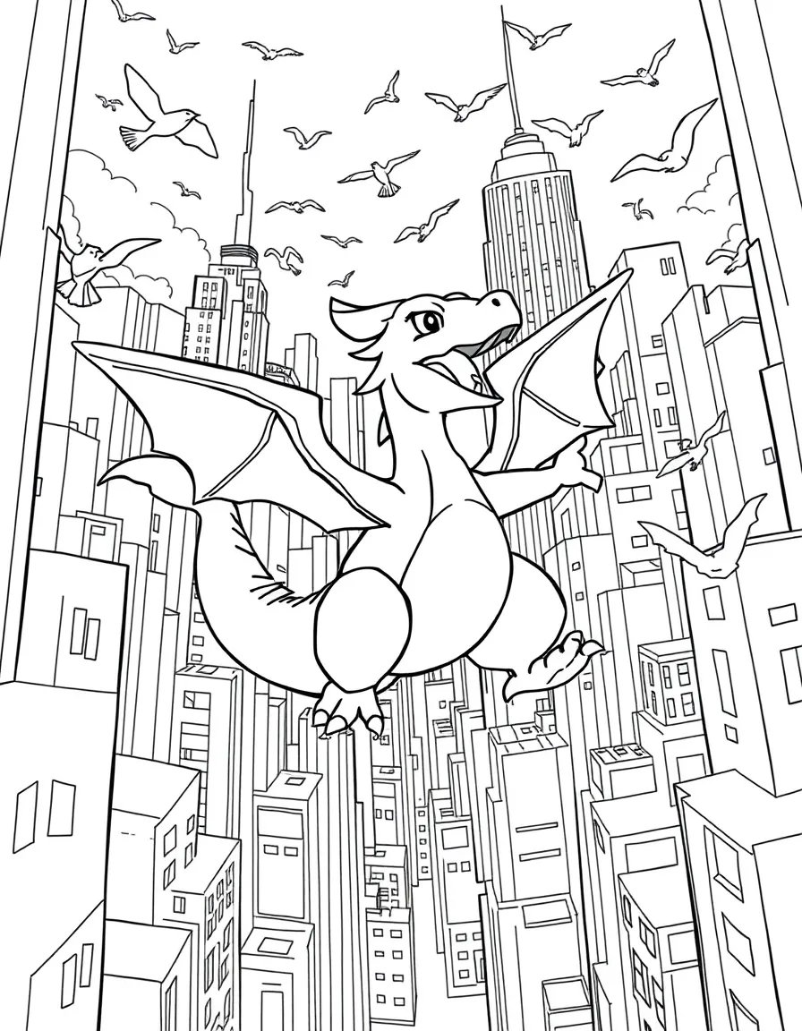 A fun and detailed coloring page of Charizard swinging through a city full of tall buildings and birds.