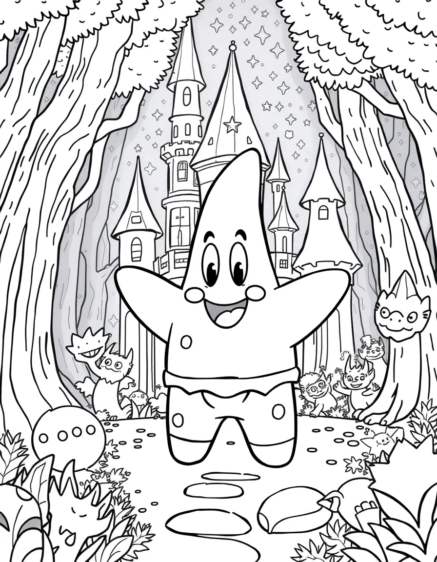 A fantasy background of Patrick Star in a magical forest or castle, with sparkles and mystical creatures.