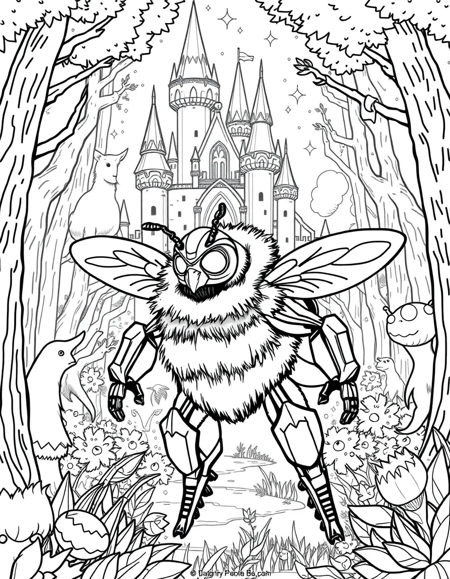 A fantasy background of Bumblebee in a magical forest or castle, with sparkles and mystical creatures.