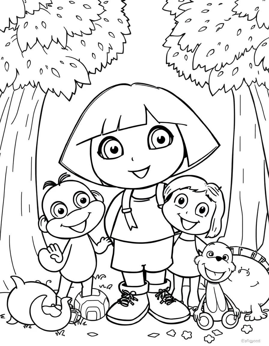 Dora the Explorer smiling and posing with their sidekicks, surrounded by trees, toys, or fun backgrounds.