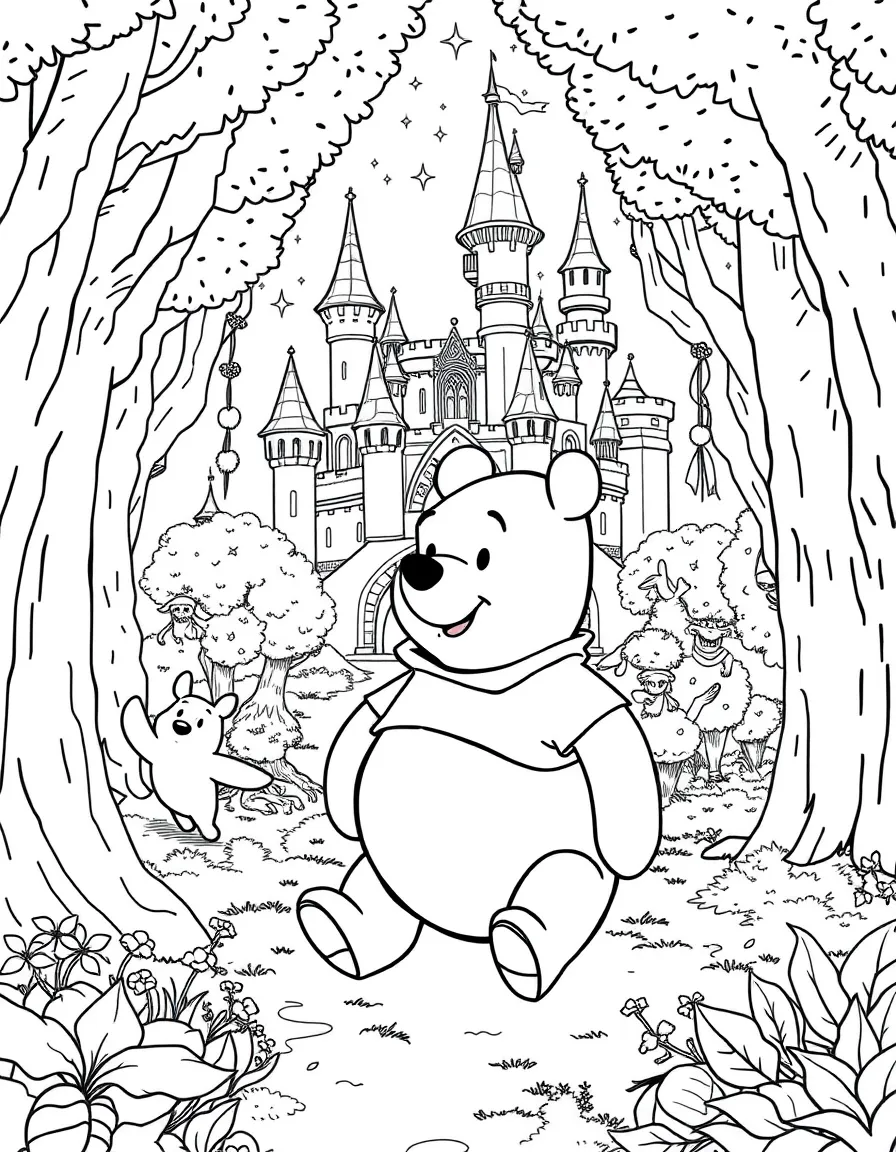 A fantasy background of Winnie the Pooh in a magical forest or castle, with sparkles and mystical creatures.