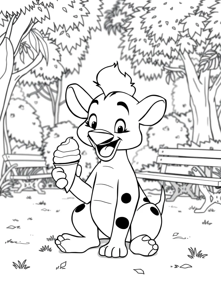 Pumbaa enjoying a day off, eating ice cream or playing with friends in a park setting.