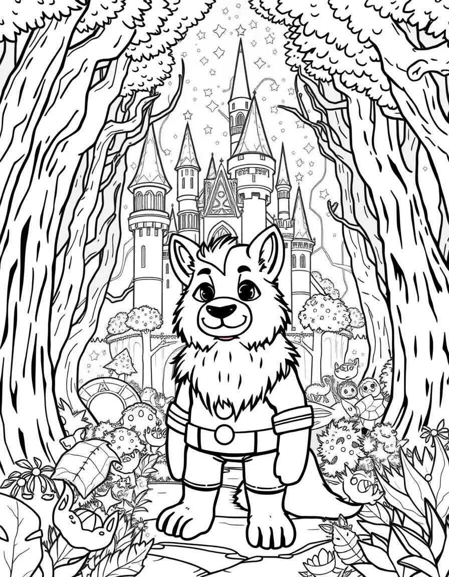 A fantasy background of Marshall in a magical forest or castle, with sparkles and mystical creatures.