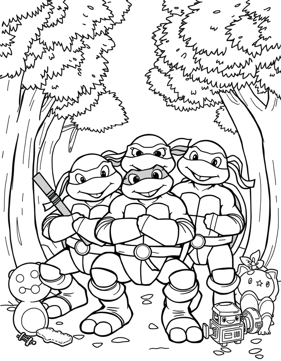 Teenage Mutant Ninja Turtles smiling and posing with their sidekicks, surrounded by trees, toys, or fun backgrounds.