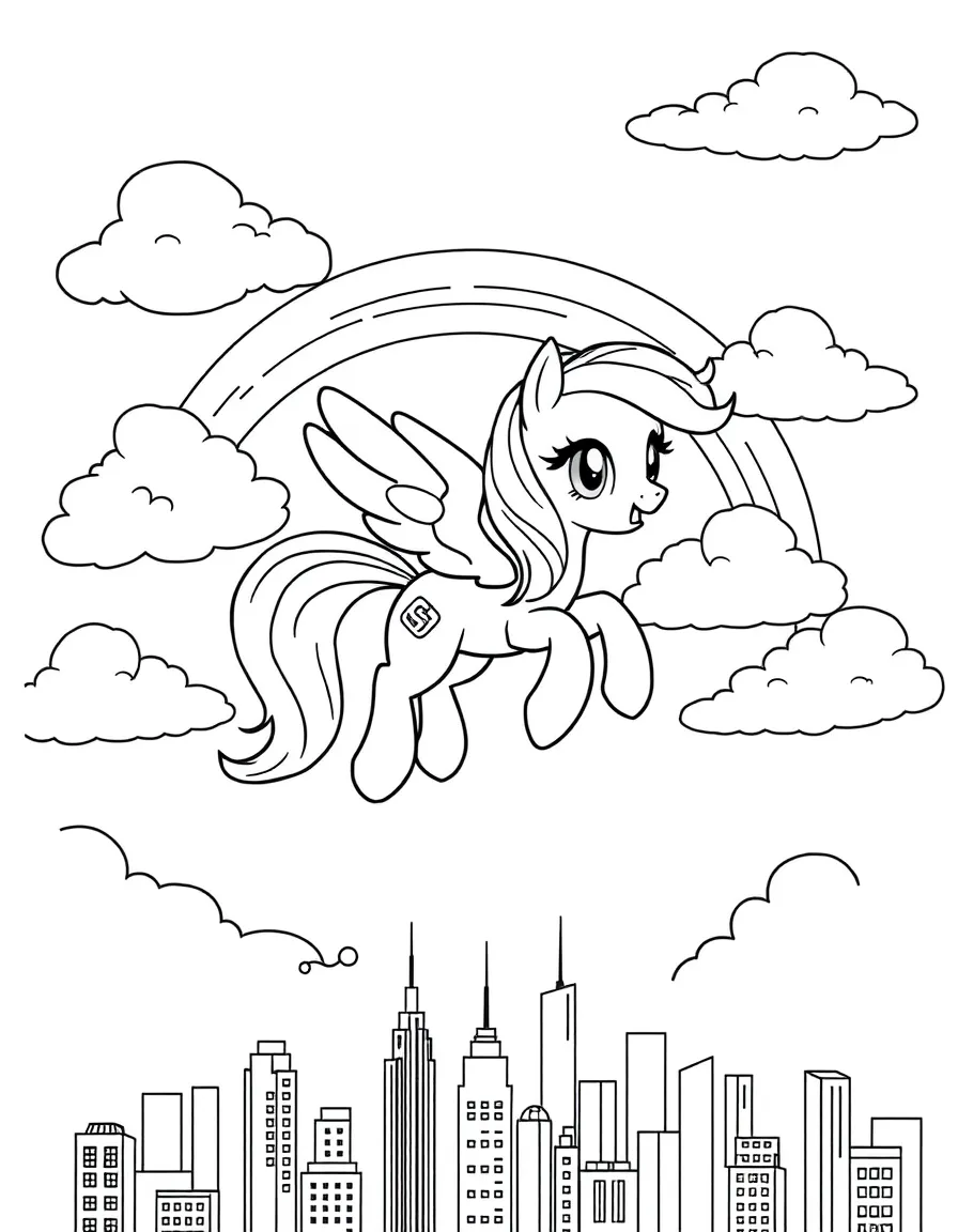 My Little Pony flying through the clouds with a rainbow behind and city skyline below.
